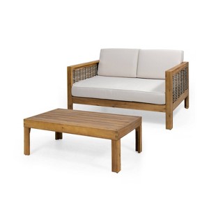 Christopher Knight Home 2pc Linwood Acacia Wood and Wicker Teak Outdoor Loveseat and Coffee Table Set with Cushions Mixed Brown - 1 of 4