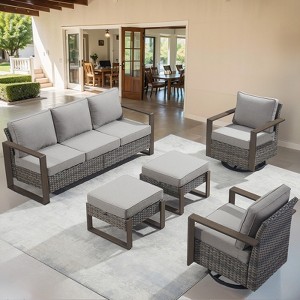 Buenhomino 5Pieces Patio Furniture Set, Outdoor Wicker Sofa Couch with Metal Armrest, Swivel Rocking Chairs, Ottomans - 1 of 4