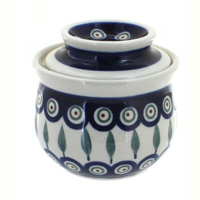 Blue Rose Polish Pottery Peacock French Butter Dish