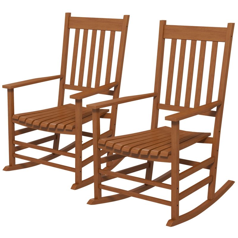 Outsunny Wooden Rocking Chair Set, Curved Armrests, High Back, Slatted Seat Outdoor Rocker Set, Teak, 4 of 7