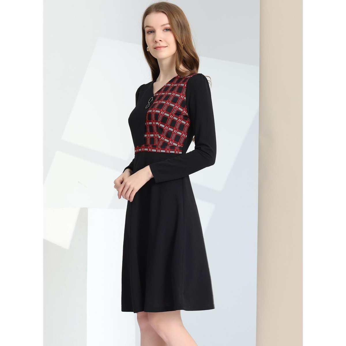 Женские платья INSPIRE CHIC Women's Elegant A-Line Long Sleeve Contrast Color Dress X-Small Black — фото 3