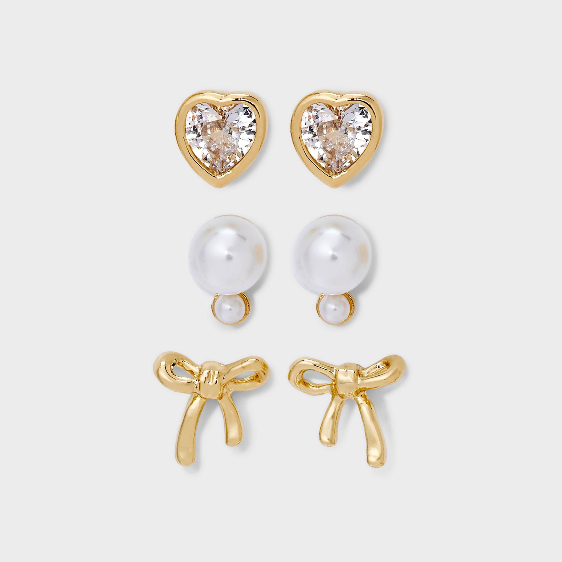 14K Gold Dipped Cubic Zirconia Pearl Heart Bow Earring Set 3pc - A New Day™ Gold/Ivory