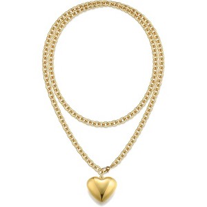 16K Gold Chunky Necklace for Women, 36" Non-Tarnish Layered Puffy Heart Pendant, Bold Statement Jewelry, Trendy Long Chain Gift - 1 of 4