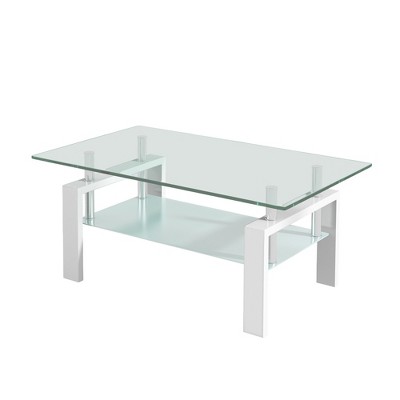 Lirago Tempered Clear Glass 2-Layer Coffee Table with Metal Tubular Legs-Modern Geometric Design 23.62"W * 39.37"L * 17.32"H