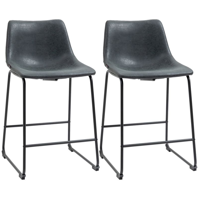 HOMCOM Counter Height Bar Stools Set of 2, Vintage PU Leather Barstools with Footrest for Dining Room, Home Bar, Kitchen, 1 of 7