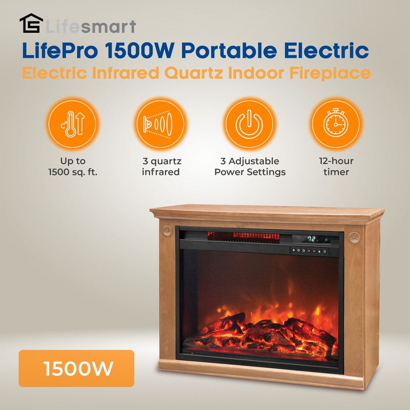 LifeSmart LifePro1500W Portable Electric Infrared Quartz Indoor Fireplace Heater w/ 3 Heating Elements, Remote, & Wheels, Medium Oak Wood Finish, 2 of 7
