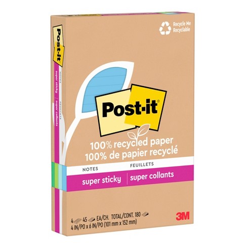 Post-it Super Sticky Recycled Paper Lined Notes, 4 X 6 Inches, Oasis, Pad  Of 90 Sheets, Pack Of 3 : Target
