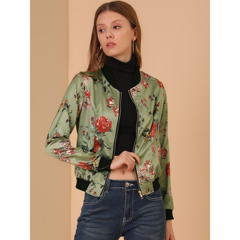 Allegra K Women's Stand Collar Floral Prints Zip Up Lightweight Short Jacket, 4 of 8