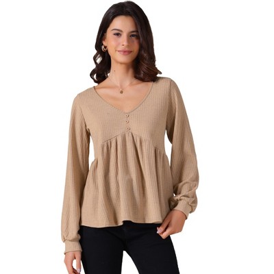 INSPIRE CHIC Women's Knit Peplum V Neck Long Lantern Sleeve Ruffle Hem Sweater