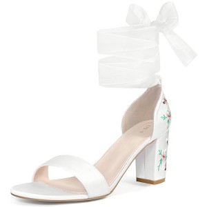 BLISSFUL STEP Women's Satin Chunky Heel Floral Print Heeled Sandals - 1 of 4