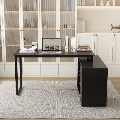 FUFU&GAGA Black L-Shaped Computer Desk Rotatable Desktop Multifunctional Storage Office Essentials