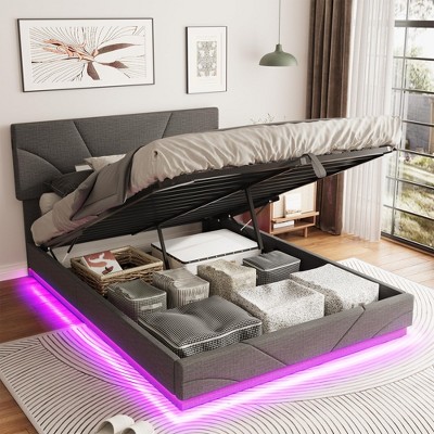 Full Size Lift Up Storage Platform Bed Frame with LED, Upholstered Headboard with Charging Ports, Grey