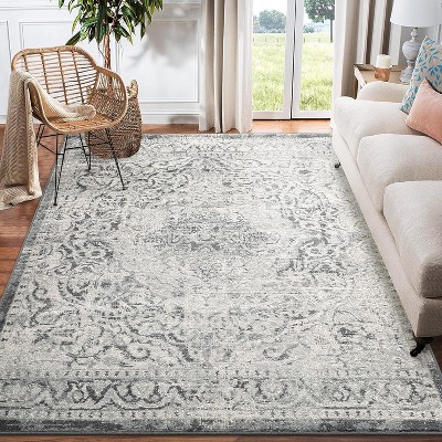 Vintage Rug Grey Premium Fuzzy Low Pile Soft Non Shedding Oriental Accent Carpet Stain Resistant Floor Cover for Living Room Bedroom
