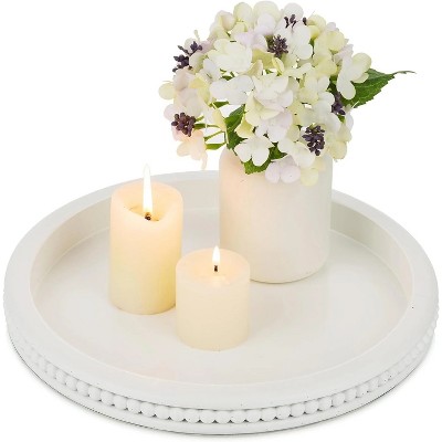 Attop Decorative Tray: White Beaded Round Wood Tray Circle Candle Tray Centerpiece Decor for Bathroom