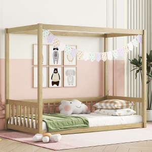 CAVINAS Twin Size Wood Montessori Bed,Modern Canopy Floor Bed with Safety Guardrails,Toddler Bed for Bedroom - 1 of 4