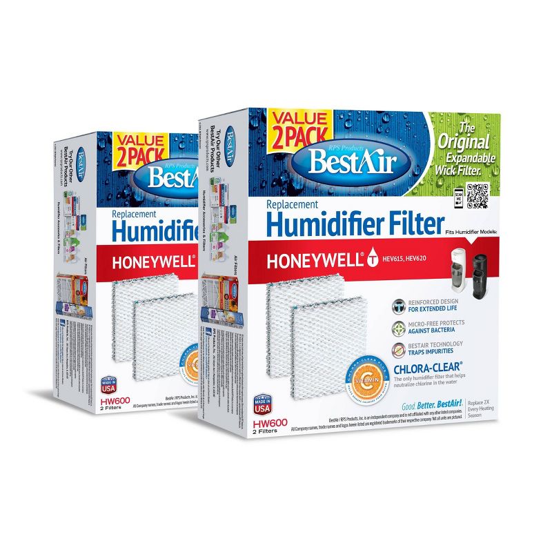 BestAir HW600 Value 2pk Extended Life Humidifier Replacement Paper Wick for Honeywell Humidifiers, 1 of 5