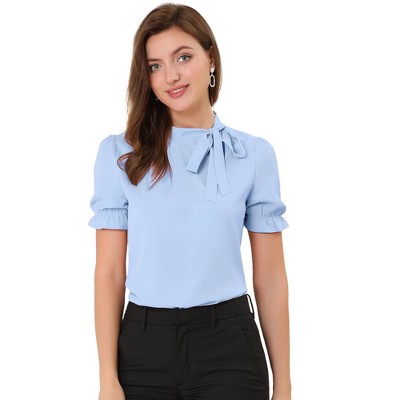 INSPIRE CHIC Women's Bow Tie Neck Solid Color Elastic Cuffs Elegant Office Short Sleeve Blouse