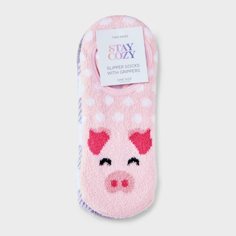 Women&#39;s 2pk Piggy Cozy Liner Socks - Pink/Gray 4-10, 2 of 4