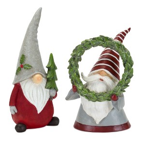 Holiday Gnome Figurines with Pine Tree & Wreath Accents – 8"H & 10.75"H Polyresin Christmas Decor Set of 2 By Melrose - 1 of 4