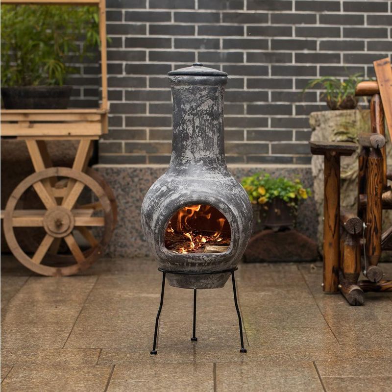 Vintiquewise Outdoor Stoney Grey Clay Chimenea Scribbled Design Fire Pit with Metal Stand, 3 of 9