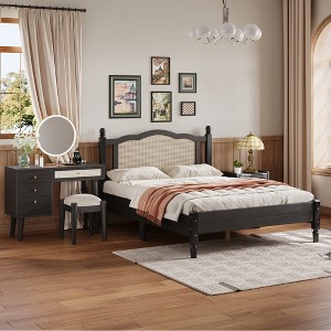 3-Piece Bedroom Set with Queen/Full Size Wooden Bed, 1 Vintage Nightstand and 1 Makeup Vanity Set with Stool 4B - ModernLuxe - 1 of 4