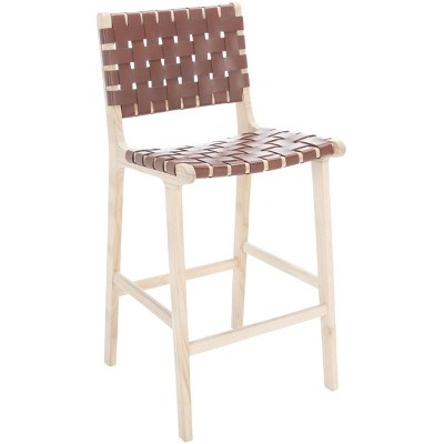 Cognac Leather and Natural Wood Counter Stool