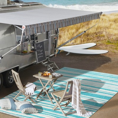 Aqua and Cream Stripe Synthetic 4' x 6' Indoor/Outdoor Rug