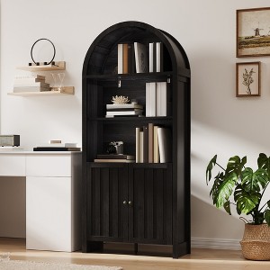MOEPISY 71inches Tall Farmhouse Bookshelf with Arched Top and Storage Cabinet, Black - 1 of 4