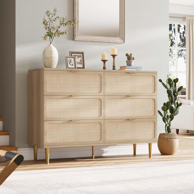 6 Drawer Dresser for Bedroom, Rattan Chest of Drawers with Deep Drawers, Large Modern Double Dresser