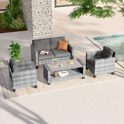 Sonkuki 4 Pieces Patio Conversation Set, Loveseat Sofa with Coffee Table, All-Weather PE Rattan Wicker Sofa