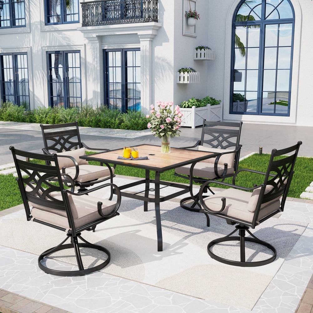 Photos - Dining Table 5pc Outdoor Dining Set - Swivel Chairs, Thick Cushions, Faux Wood Square T
