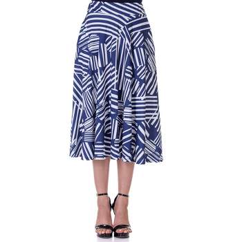 24seven Comfort Apparel Womens Navy Geometric Print Pleated Midi Skirt With Pockets
