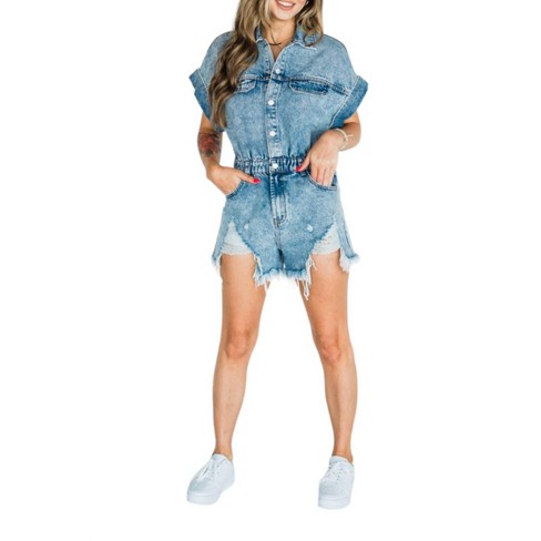 Women s Distressed Denim Romper Item Ditto Target
