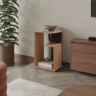 Vynxaria White & Concrete Melamine Side Table: 2-Open Shelf Storage, Light Oak Accents for Modern Bright Spaces