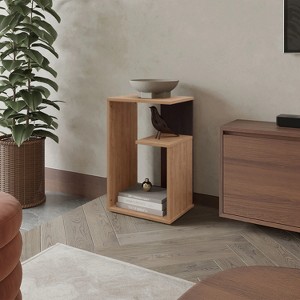 Vynxaria White & Concrete Melamine Side Table: 2-Open Shelf Storage, Light Oak Accents for Modern Bright Spaces - 1 of 4