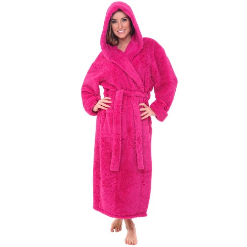 ADR Women's Plush Fleece Hooded Robe, Shaggy Feather Long Bathrobe Magenta  Pink Small-Medium