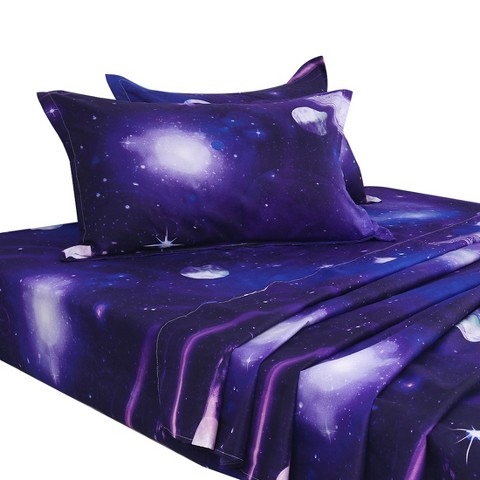 PiccoCasa Polyester Galaxy Stars Pattern Themed Bedding Sheet Sets with 2 Pillowcases 4 Pcs Purple Queen