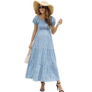 Maternity Dress Women's Smocked Square Neck Puff Sleeve Ruffle Maternity Maxi Dress for Baby Shower or Casual Wear PinkDLN S - 1 of 1