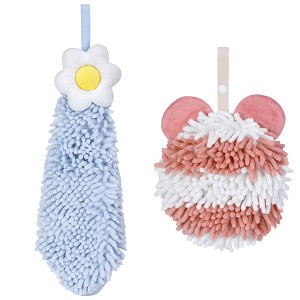 REGALWOVEN Soft Absorbent Cute Fuzzy Hanging Decorative Bathroom Chenille Hand Towel 6" x 15"/7" x 7" 2 Packs - 1 of 4