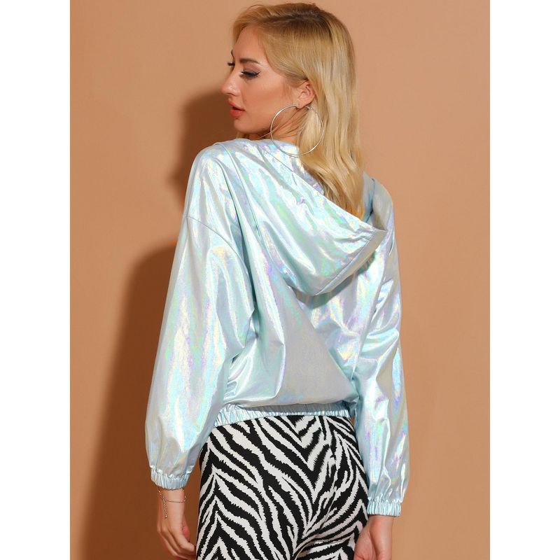Allegra K Women's Holographic Shiny Long Sleeve Zipper Hooded Metallic Jacket, 3 of 8