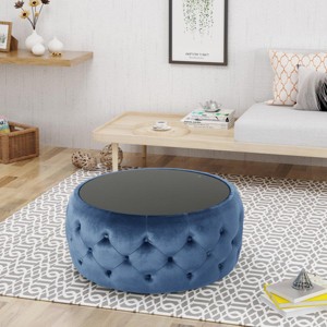 Modern Glam Round Ottoman with Tufted Velvet Upholstery and Tempered Glass Top for Living Room -3irtyhousy - 1 of 4