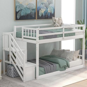 Streamdale Twin over Twin Floor Bunk Bed, Ladder with Storage, White - 1 of 4