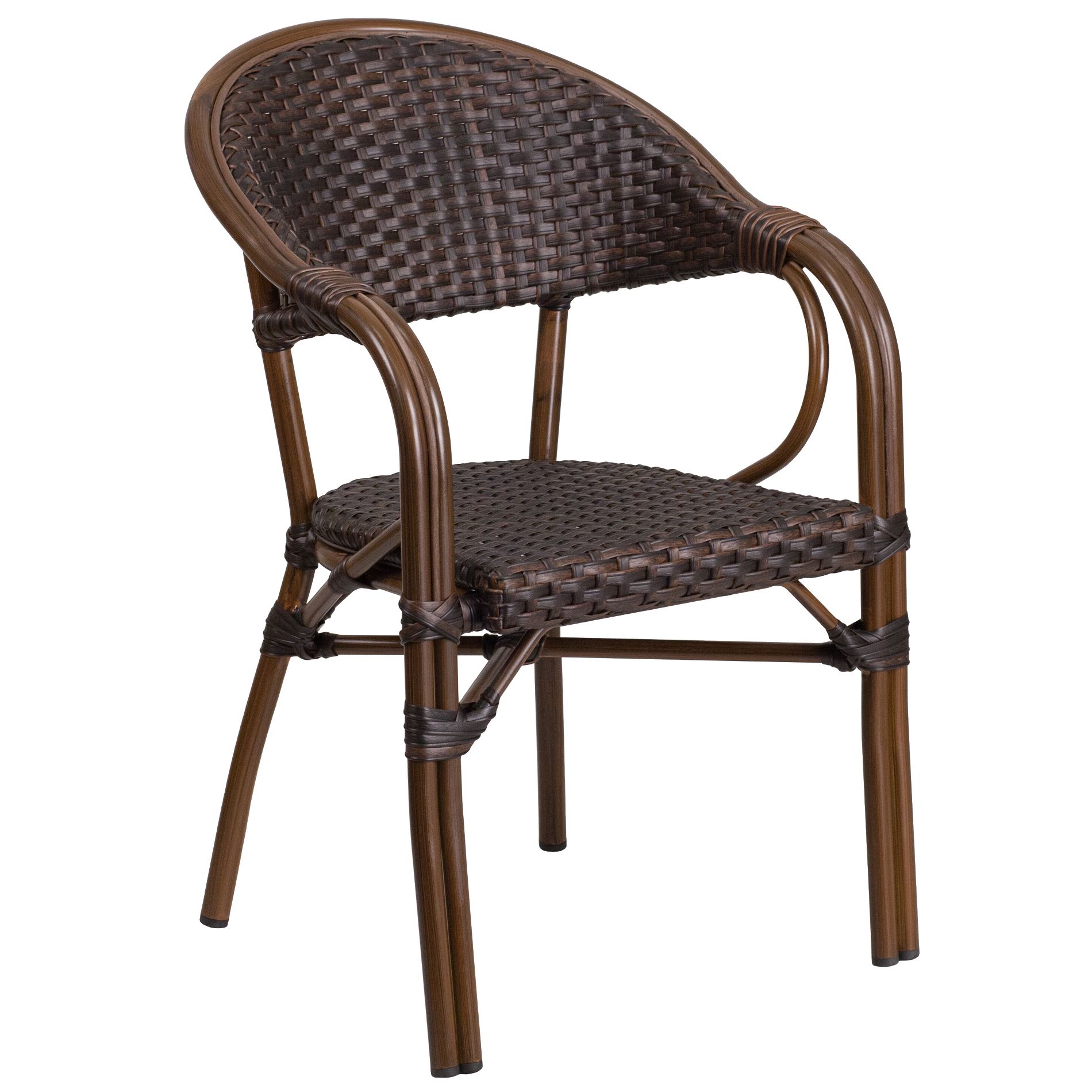 Merrick Lane Dark Brown Wicker Rattan Patio Chair With Curved Back And Red Aluminum Bamboo Frame