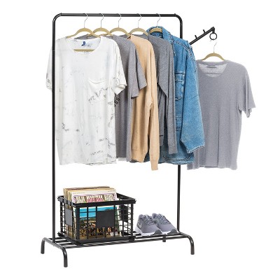 IRIS USA Stylish Clothes Rack with Storage Shelf, Garment Rack with Multipurpose Clothing Hanger for Steaming and Drying Clothes, Freestanding Clothing Rack