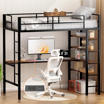 Finnhomy Loft Bed Twin Size with L Desk/ 4-Tier Storage Shelves, Loft Twin Bed Frames with 2 Entry Stairs/Power Outlet/Tray