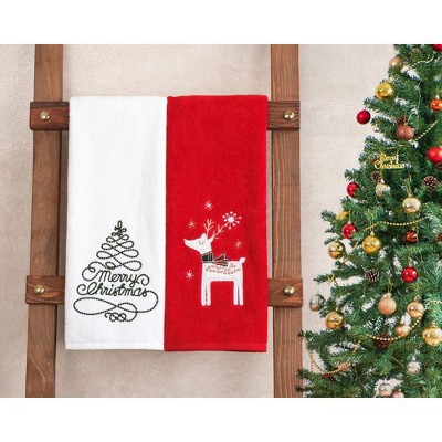 Christmas Tree Fingertip Towels Embroidered Holiday Set of 2 White Red Black