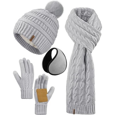 ZUPPAD 4-in-1 Women Winter Beanie Hat Scarf Touchscreen Gloves Ear Warmer Set Fleece Lined Warm Knit Skull Cap with Pom Pom