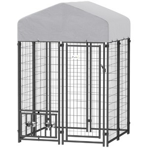 Skyzone Spacious Outdoor Dog Kennel with 360° Rotating 4-Level Bowls, PE Waterproof Cover, Lockable - 1 of 4