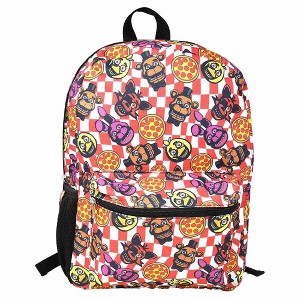 Mochila escolar de nailon de 16 pulgadas para niños de Five Nights at Freddy's, a cuadros rojos con pizza, con bolsillo frontal
