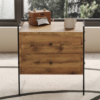 Syemin End Table, Modern Coffee Table with Two Drawers and Clear Tempered Glass Legs for Living Room, Bedroom, Brown, 17.7"*15.5"*19"